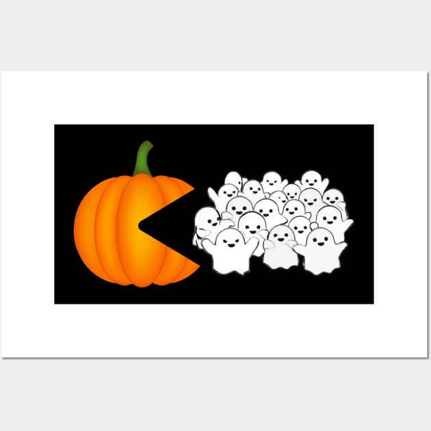 Funny Pumpkin Eating Ghosts Halloween Wall Art by SpacemanTees